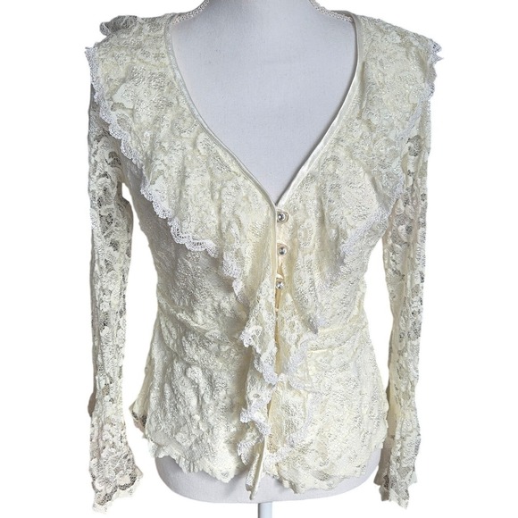 J.R. Nites Tops - Vintage J.R. Nites Blouse Top Fairy Romantic Cream Lace Ruffle Long Sleeve Sz 12